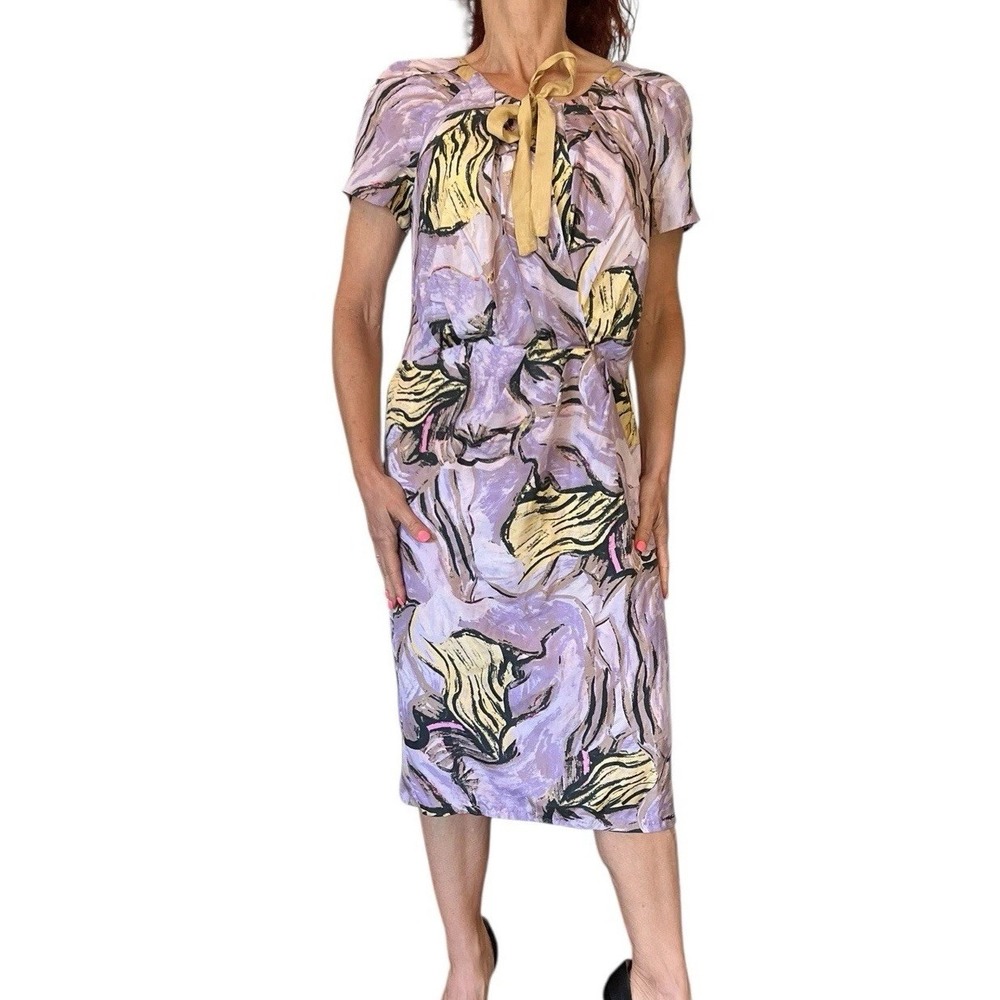 ALBERTA FERRETTI DRESS PURPLE SILK WRAP ABSTRACT PRINT SHORT SLEEVE MIDI 10